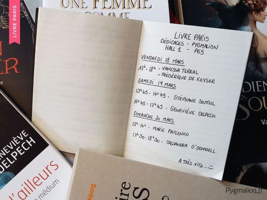 Planning de dédicaces des éditions Pygmalion Flammarion pour le salon Livre Paris, en mars 2016, avec Vanessa Terral